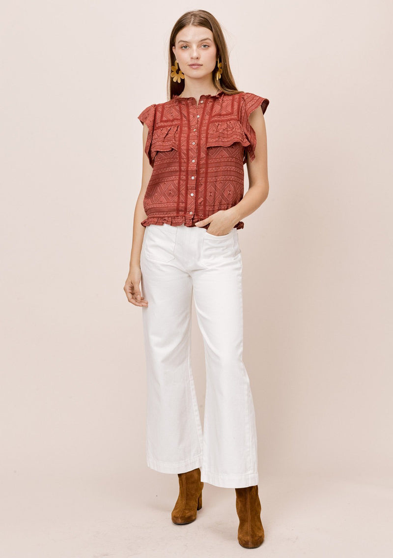 [Color: Brick] A pretty bohemian chic top in a multi textured cotton. Featuring delicate lattice trim inserts, a high neckline, and flirty ruffle details throughout.