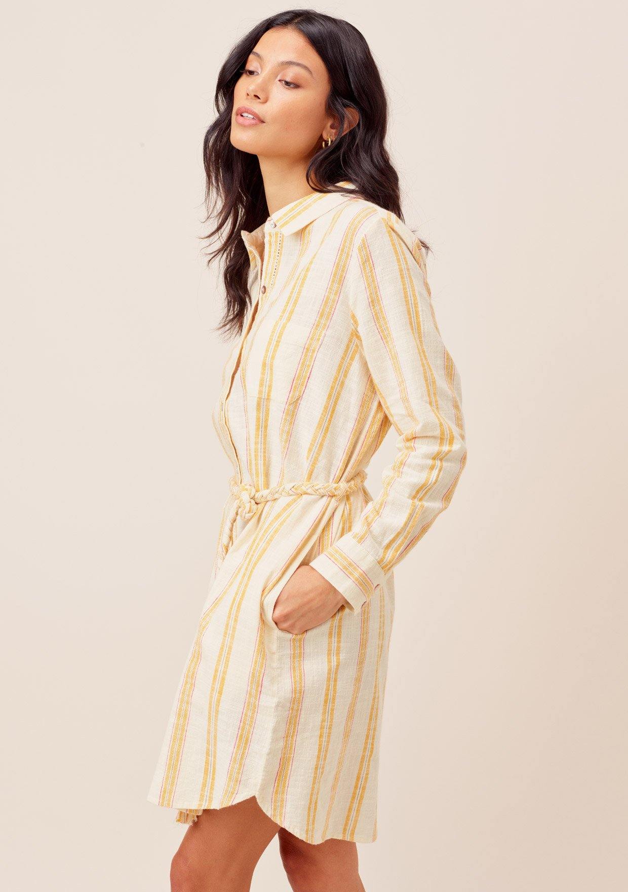 yellow long sleeve shirt dress Cotton Linen Shirt Dress for Womens Pleated Button Long Dress Long Sleeve A-line Loose Swing Dress with Pockets Yellow L
