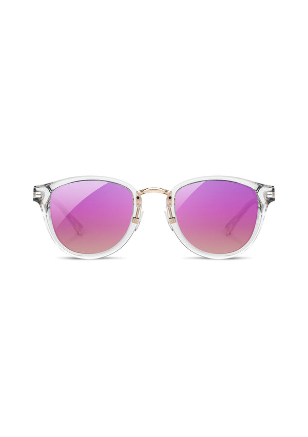 [Color: Crystal] Sustainable, vintage style acetate sunglasses with real wood inlays and pink lenses.