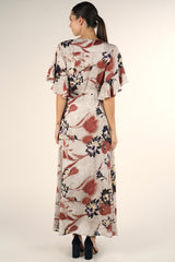 [Color: Taupe] Beautiful bold floral print maxi dress with ruffled short sleeves and wrap front.