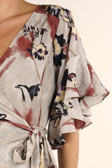 [Color: Taupe] Beautiful bold floral print maxi dress with ruffled short sleeves and wrap front.