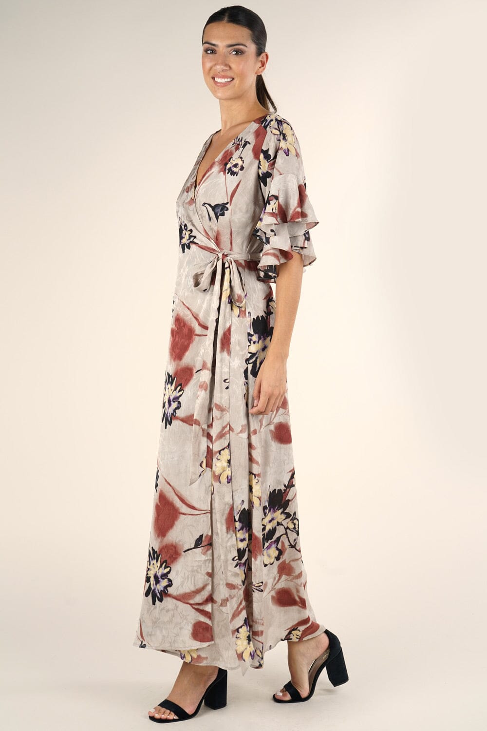 Pretty Floral Print Wrap Front Maxi Dress