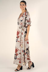 [Color: Taupe] Beautiful bold floral print maxi dress with ruffled short sleeves and wrap front.