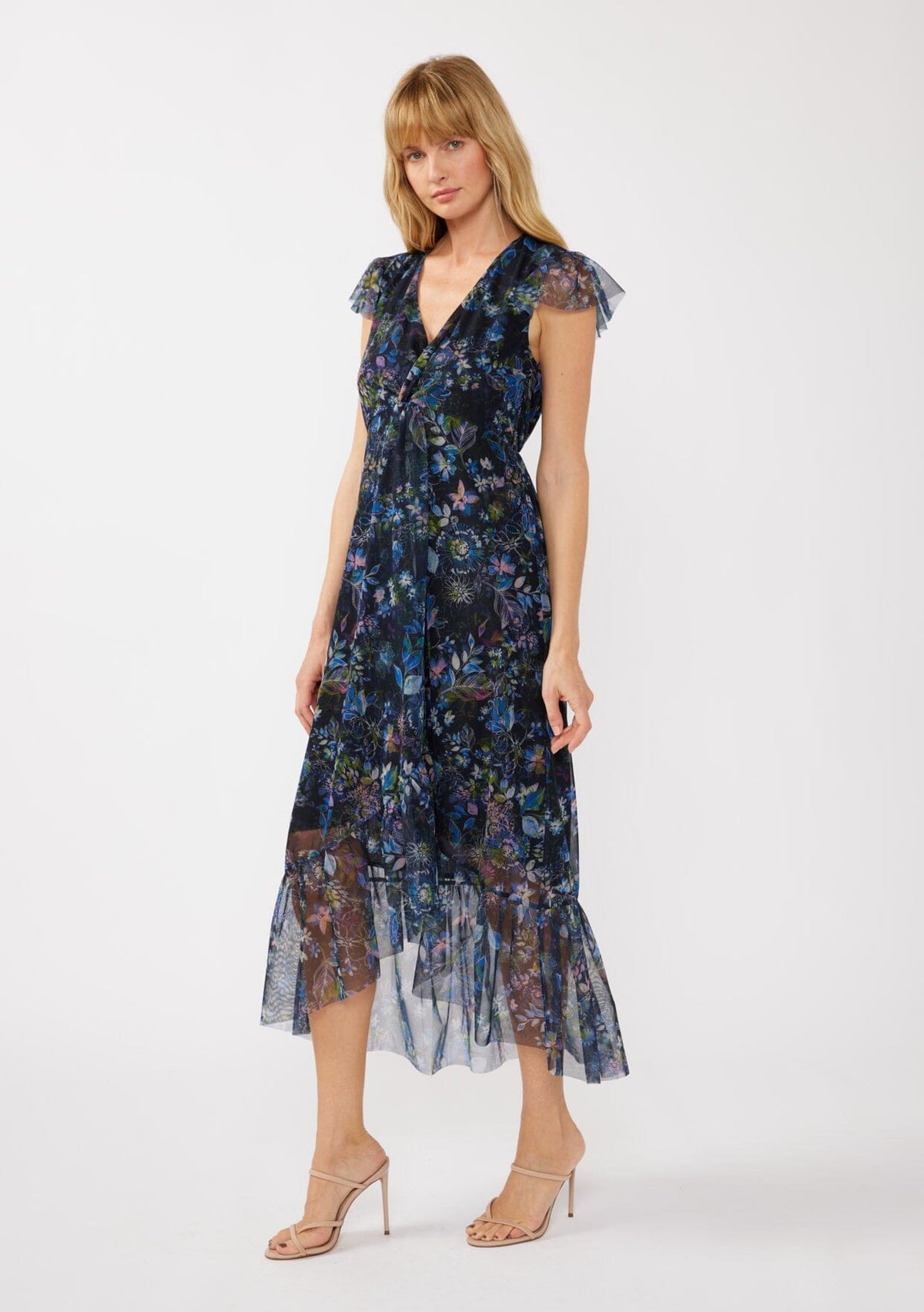 botanical maxi dress Lovestitch Floral Cap Sleeve Empire Waist High-Low Midi Dress in Black/Dusty Pink at Nordstrom Rack, Size Small