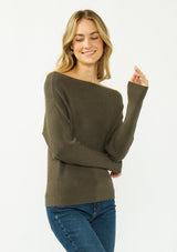 [Color: Olive] A front facing image of a blonde model wearing an olive pullover sweater with a boat neckline and long sleeves that taper at the cuffs. 