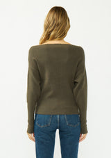 [Color: Olive] A back facing image of a blonde model wearing an olive pullover sweater with a boat neckline and long sleeves that taper at the cuffs. 
