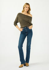 [Color: Olive] A front facing image of a blonde model wearing an olive pullover sweater with a boat neckline and long sleeves that taper at the cuffs. 