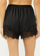 [Color: Black] A back facing image of black satin lace short. 