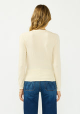 [Color: Cream] A back facing image of a blonde model wearing a cream surplice sweater with a ribbed hem and side button closure. 