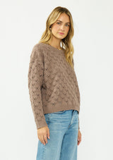 [Color: Mocha] A side facing image of a blonde model wearing a cozy brown pointelle knit sweater with a crew neckline. Styled with a light wash denim. 