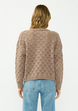 [Color: Mocha] A back facing image of a blonde model wearing a cozy brown pointelle knit sweater with a crew neckline. Styled with a light wash denim. 