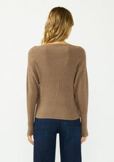 [Color: Mocha] A back facing image of a blonde model wearing a brown pullover sweater with a boat neckline and long sleeves that taper at the cuffs. 