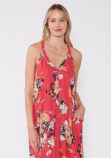 [Color: Coral/Nude] Lovestitch pleated, red floral printed, racerback maxi dress with side pockets.