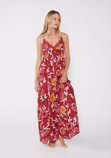 [Color: Wine/Gold] Lovestitch red sexy, vintage inspired, large floral print, lace back, tiered slip maxi dress.