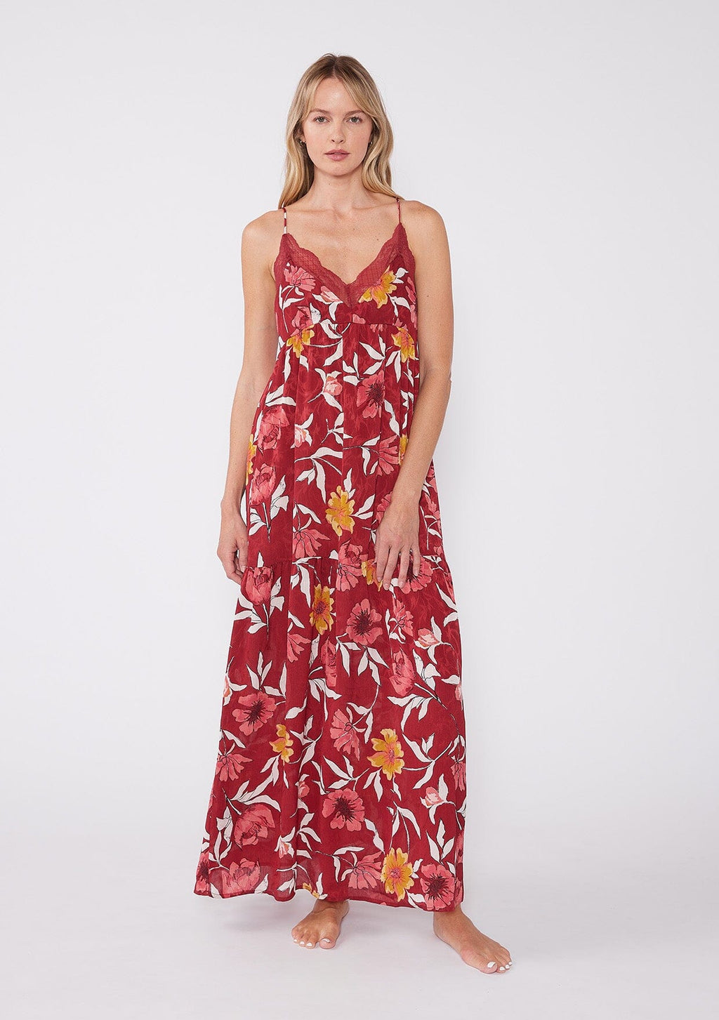 Macara Floral Tiered Maxi Dress Wine/Gold / S