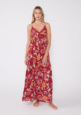 [Color: Wine/Gold] Lovestitch red sexy, vintage inspired, large floral print, lace back, tiered slip maxi dress.