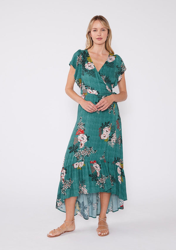 [Color: Sage] Lovestitch green floral printed, flutter sleeve, wrap maxi dress.