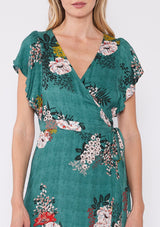 [Color: Sage] Lovestitch green floral printed, flutter sleeve, wrap maxi dress.