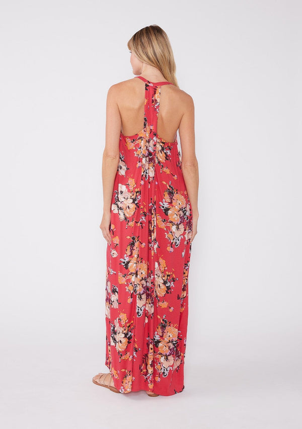 [Color: Coral/Nude] Lovestitch pleated, red floral printed, racerback maxi dress with side pockets.