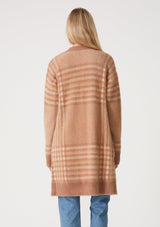 [Color: Taupe/Mustard] A back facing image of a blonde model wearing a fuzzy sweater coat in a brown plaid design. With long sleeves, an open front, a mid length hemline, and side patch pockets. 