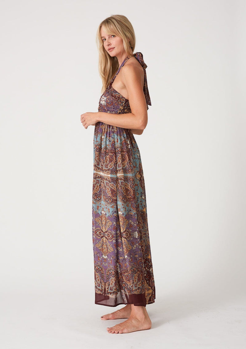 Women's Boho Purple Paisley Floral Halter Maxi Dress LOVESTITCH