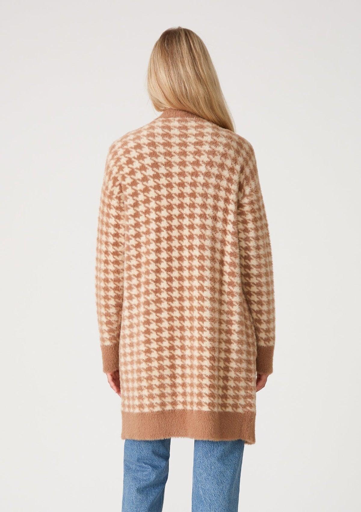 Women's Fuzzy & Soft Brown Houndstooth Cardigan + Pockets | LOVESTITCH