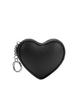 A small black heart-shaped pebbled leather pouch with a silver metal key ring and chain, shown on a plain white background.