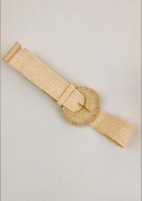 [Color: Tan] A wide, woven natural tan belt with a large round buckle.