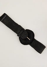 [Color: Black] A black elastic belt with a raffia buckle. 