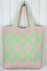 [Color: Petal/Lime] An off white tote bag with a bright green geometric pattern. Features top handles for the shoulder and a playful tassel pom detail. 