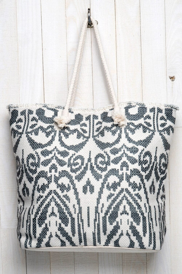 [Color: Black/Vanilla] An image of an summer tote bag crafted in a durable woven design with an abstract pattern. Featuring double rope handles for easy carrying. 