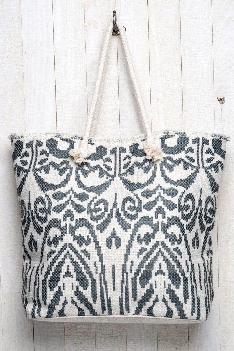[Color: Black/Vanilla] An image of an summer tote bag crafted in a durable woven design with an abstract pattern. Featuring double rope handles for easy carrying. 