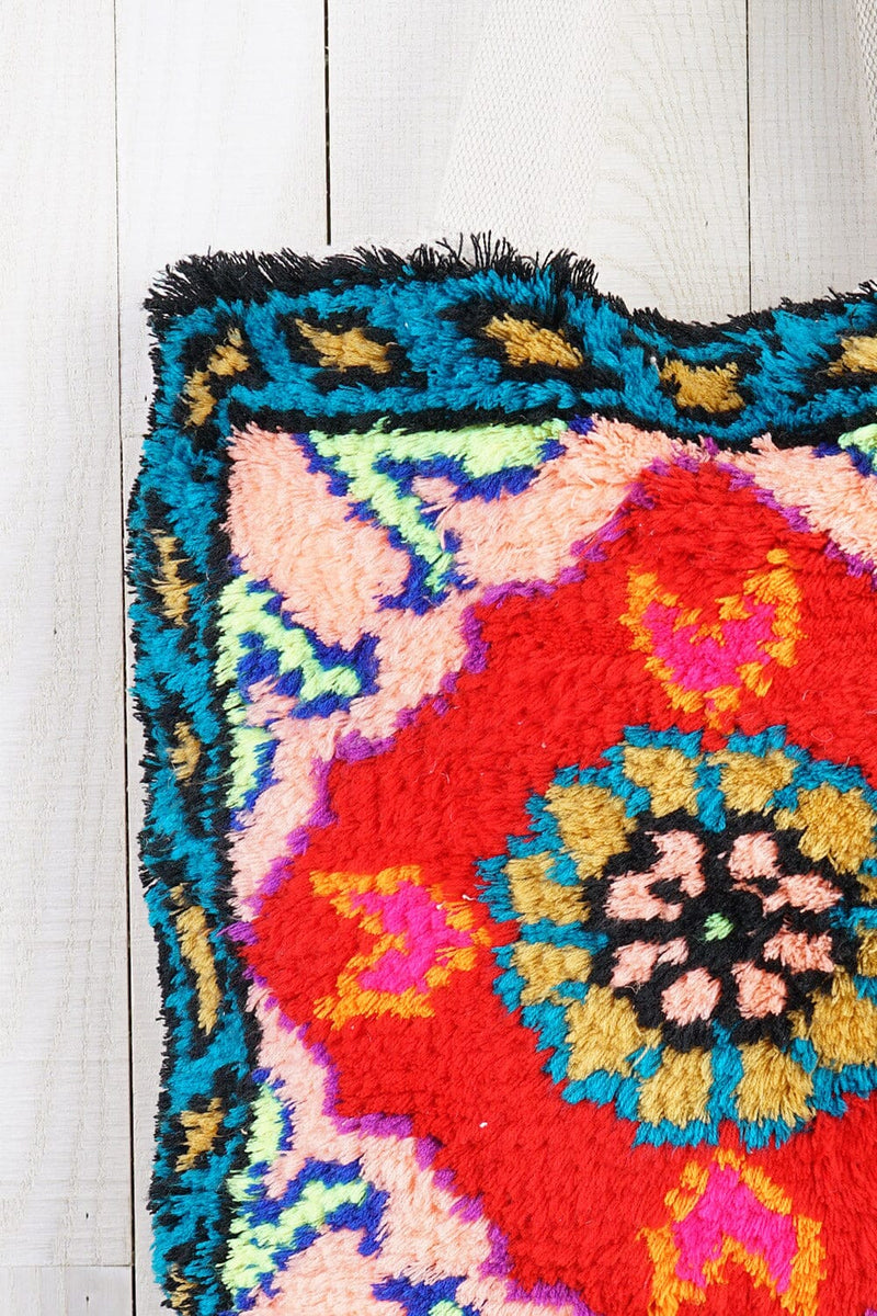 [Color: Red/Teal] A bohemian multicolor fuzzy tote bag with a canvas back.