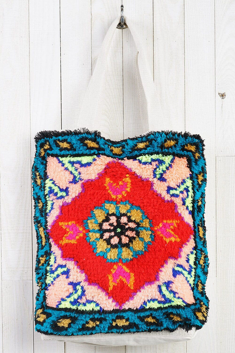 [Color: Red/Teal] A bohemian multicolor fuzzy tote bag with a canvas back.