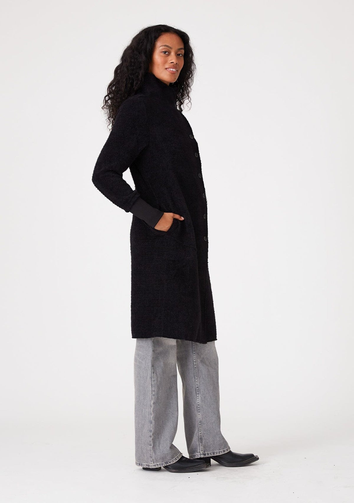 Women's Mid-Length Black Coat + Funnel Neck | LOVESTITCH