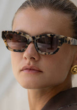 Close-up of a person wearing tortoiseshell sunglasses with a neutral background