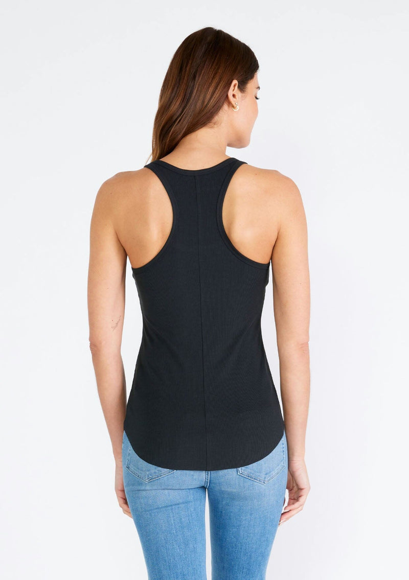 [Color: Black] A back facing image of a brunette model wearing a slim fit racerback tank top in black. With a scooped neckline and a raw edge hemline. 