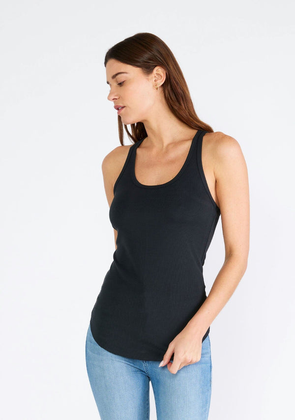 [Color: Black] A front facing image of a brunette model wearing a slim fit racerback tank top in black. With a scooped neckline and a raw edge hemline. 