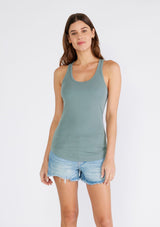 [Color: Slate Green] A half body front facing image of a brunette model wearing a slim fit racerback tank top in a soft seafoam green. With a scooped neckline and a raw edge hemline. 