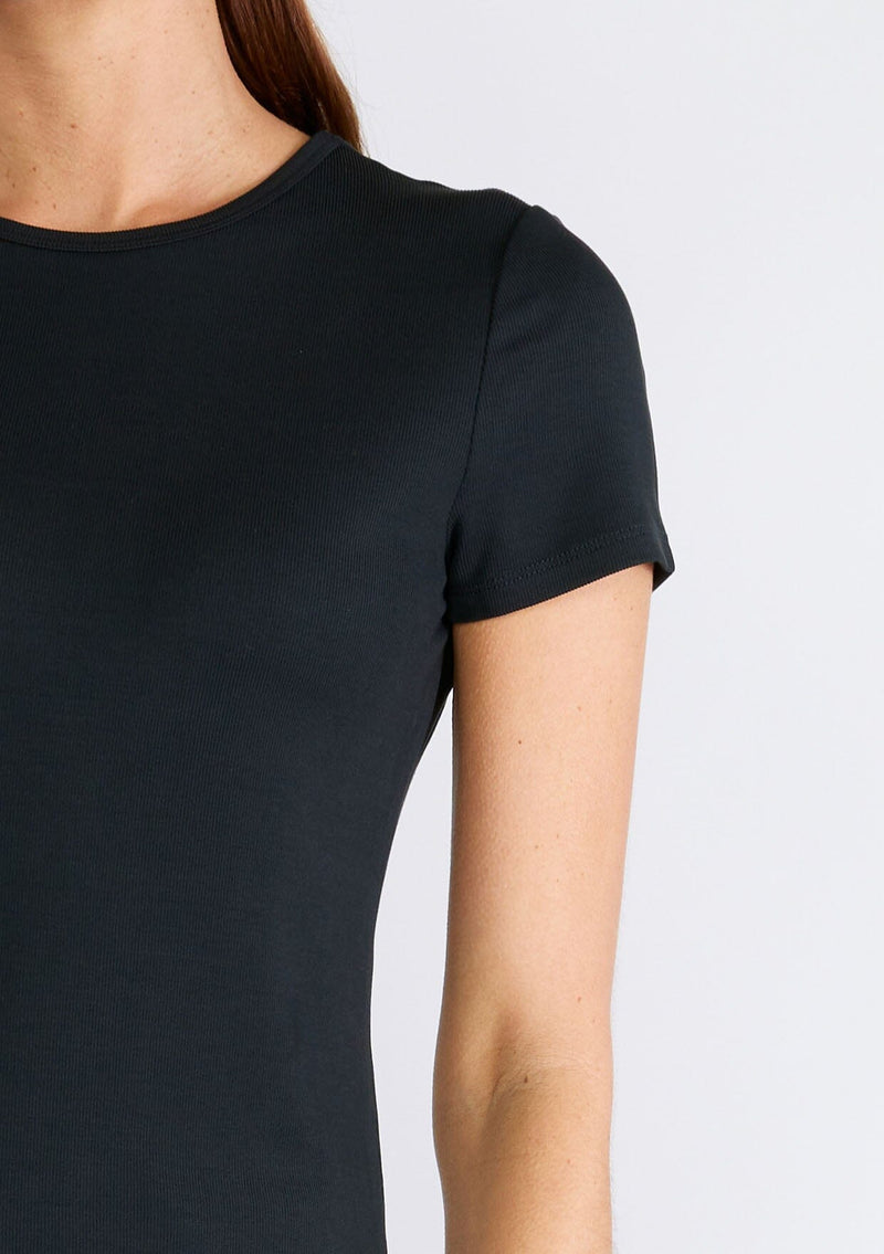 [Color: Black] A close up front facing image of a brunette model wearing a classic black slim fit tee shirt with a crew neckline and short sleeves, crafted from a ribbed knit. 