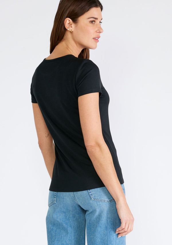 [Color: Black] A back facing image of a brunette model wearing a classic black slim fit tee shirt with a crew neckline and short sleeves, crafted from a ribbed knit. 