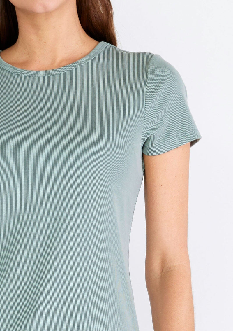 [Color: Slate Green] A close up front facing image of a brunette model wearing a classic seafoam green slim fit tee shirt with a crew neckline and short sleeves, crafted from a ribbed knit. 