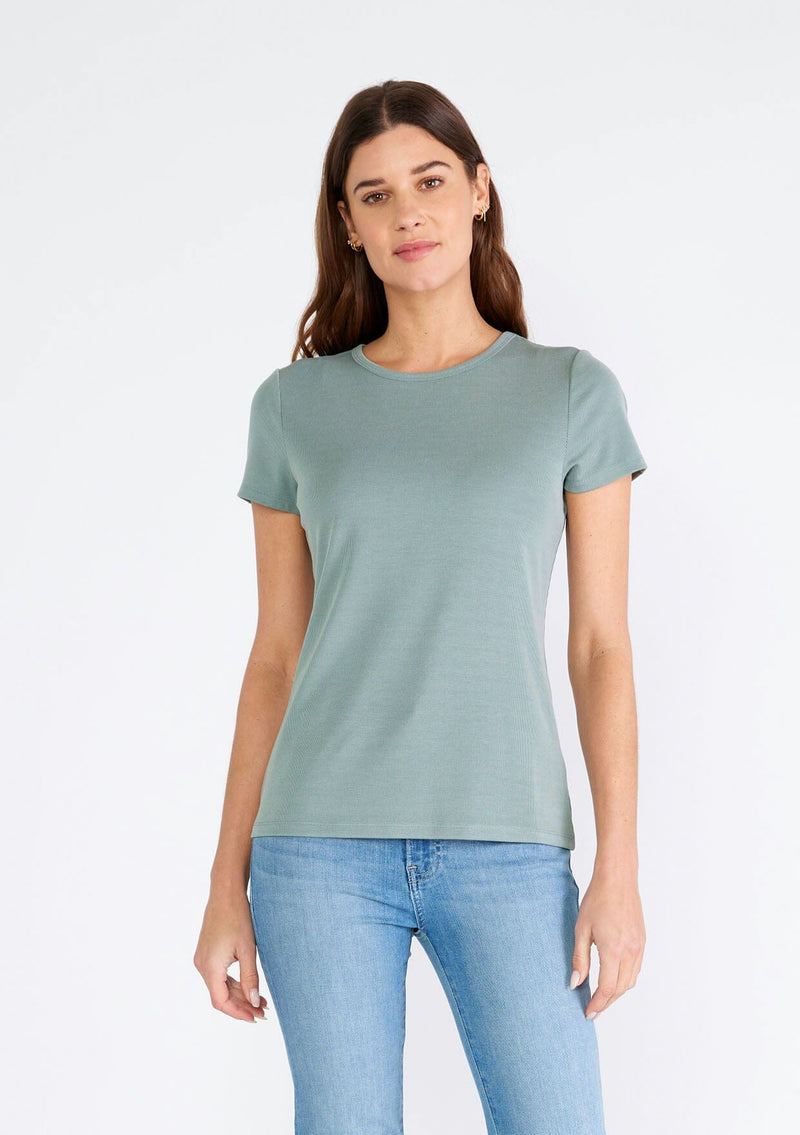 [Color: Slate Green] A front facing image of a brunette model wearing a classic seafoam green slim fit tee shirt with a crew neckline and short sleeves, crafted from a ribbed knit. 
