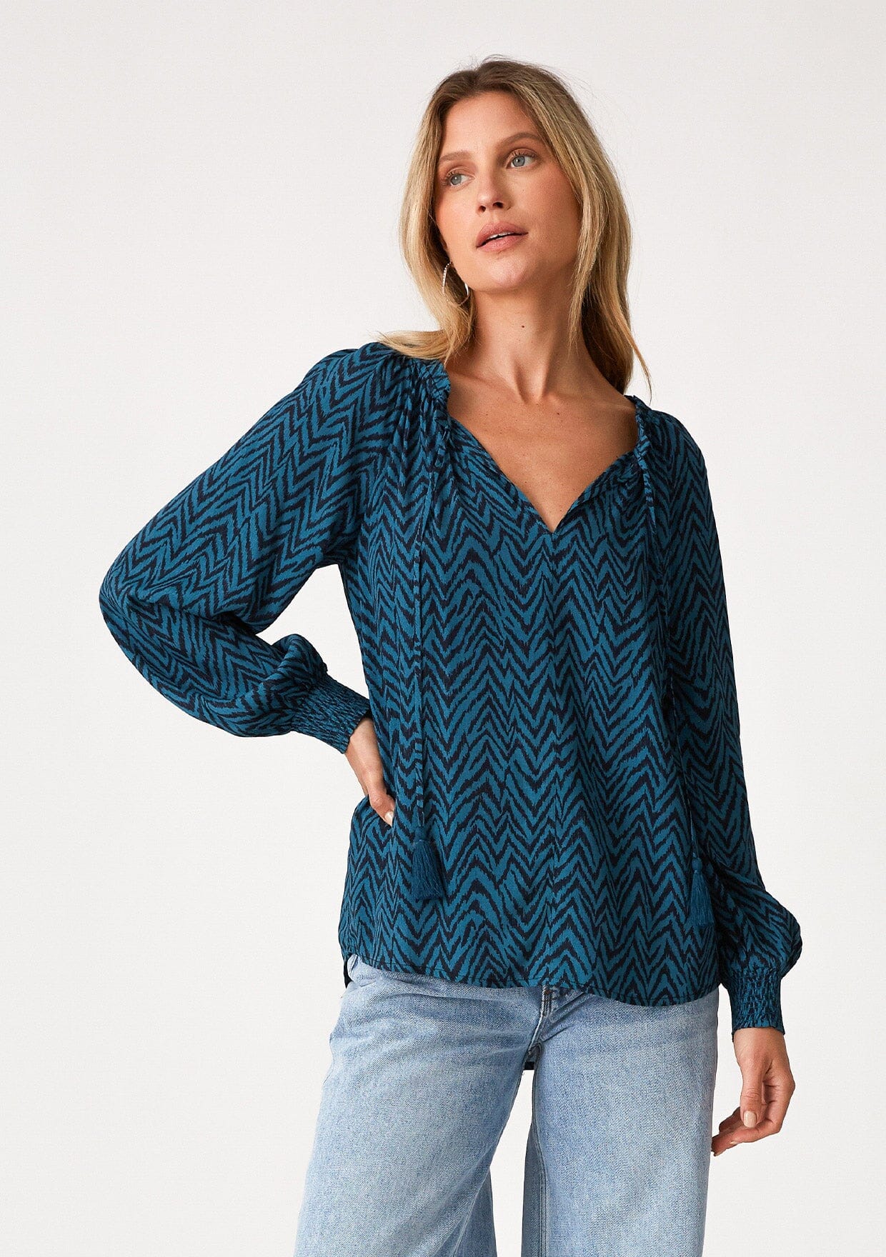 Kamiyah Boho Abstract Striped Collared V Neck Blouse