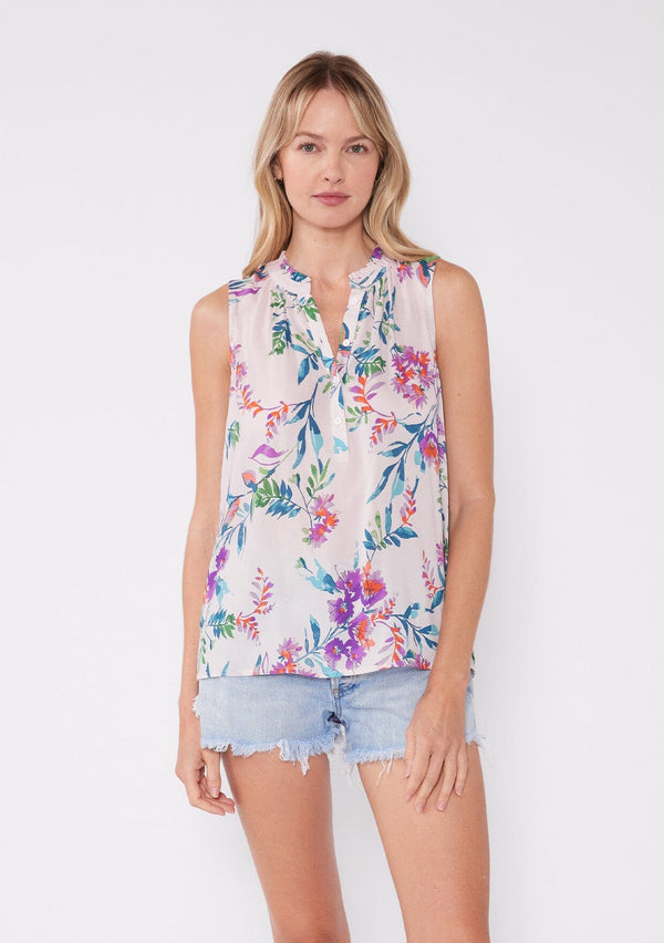 [Color: Light Pink/Purple] A classic Lovestitch silhouette, this light pink floral sleeveless top is designed in a lightweight summer fabric and features a button front split v neckline. The cutest floral summer top for any occasion