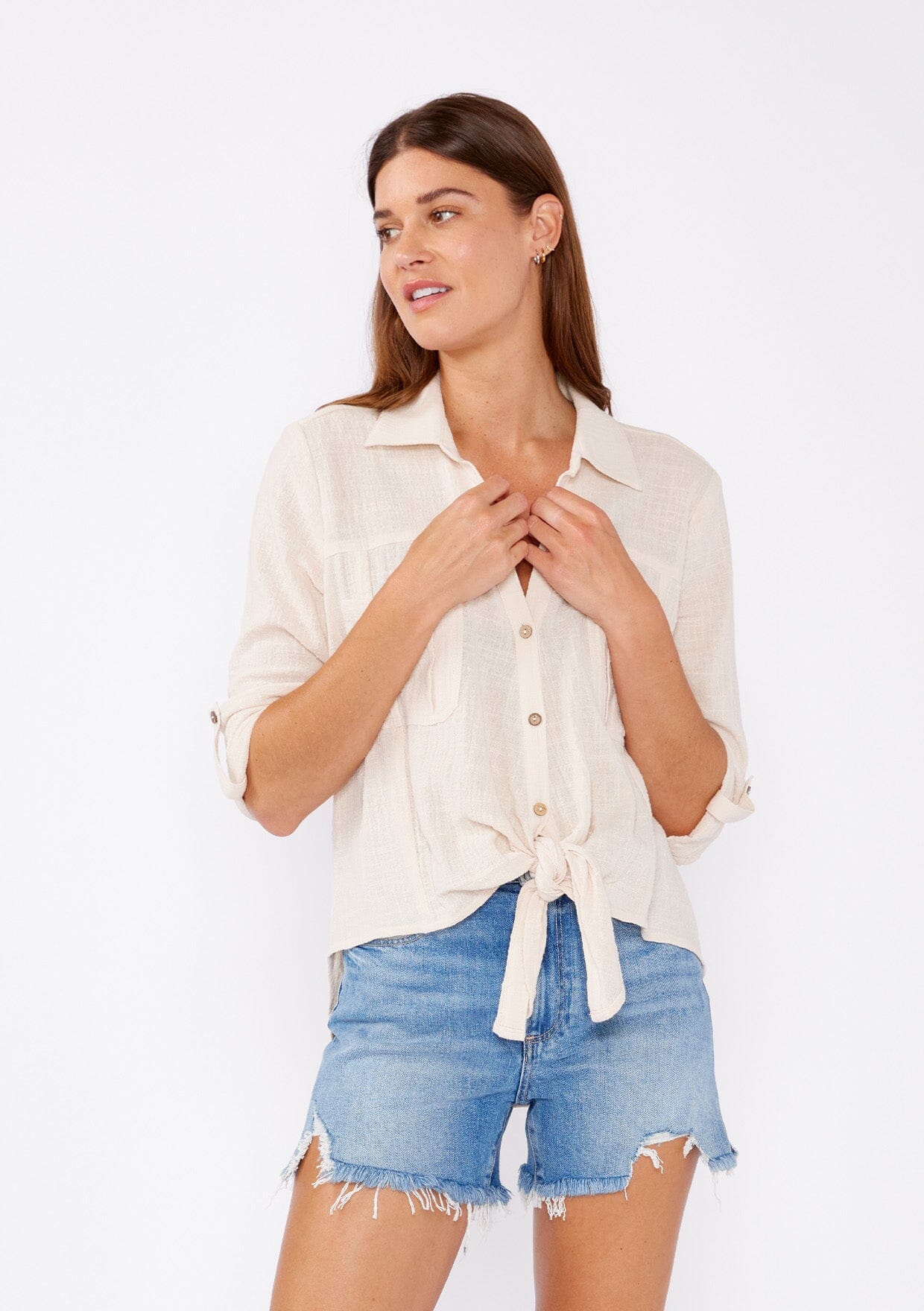 Cotton Blend Set with Tie Front Shirt and Flowy Shorts