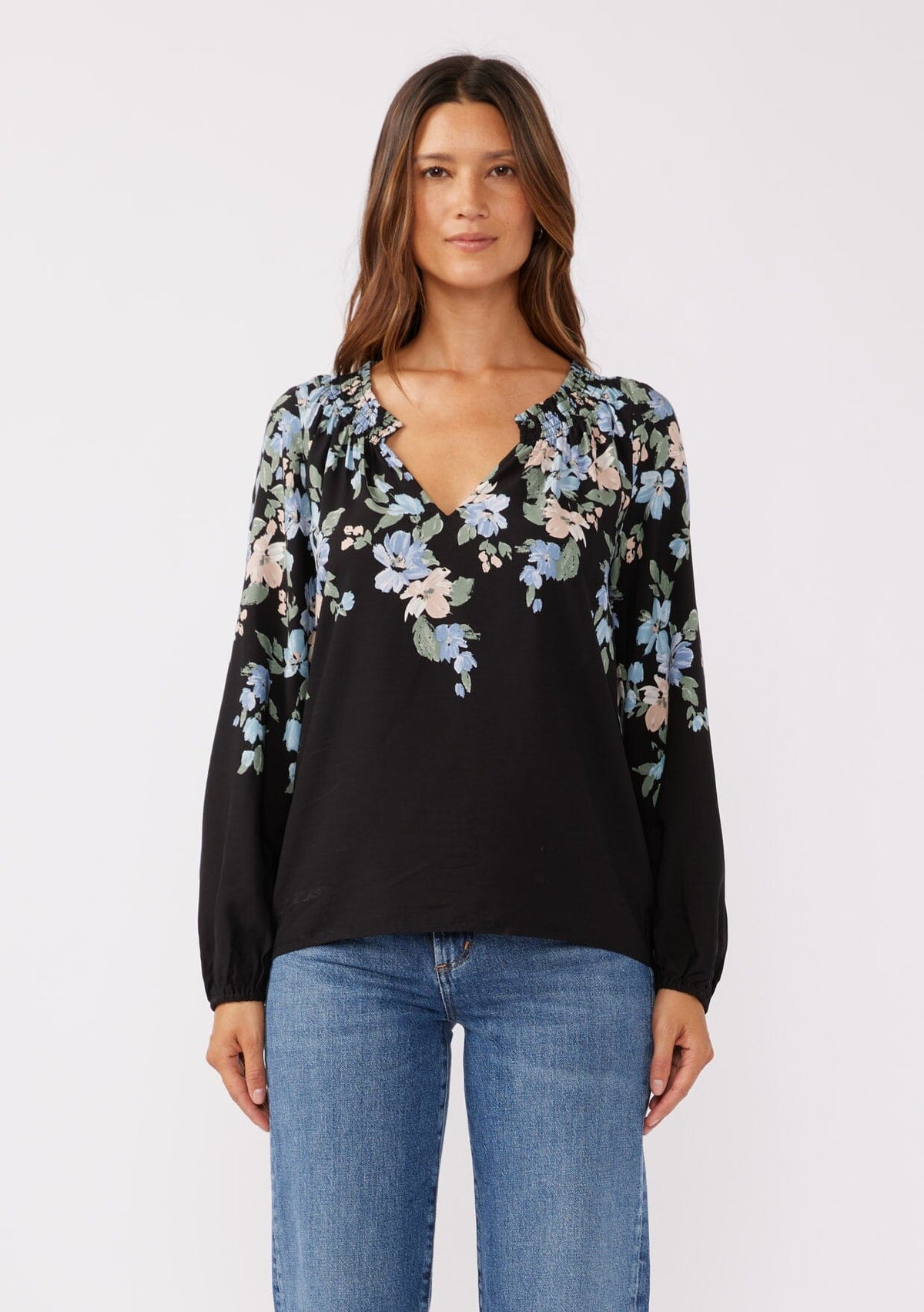 blue blouse dress with flowers cuffed sleeves Yours Truly Floral Blouse Black/Pale Blue / L