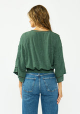 [Color: Forest Green] A back facing image of a brunette model wearing a green bohemian top with tonal embroidery, wide sleeves, lattice trims, a button front, and a v neckline. 