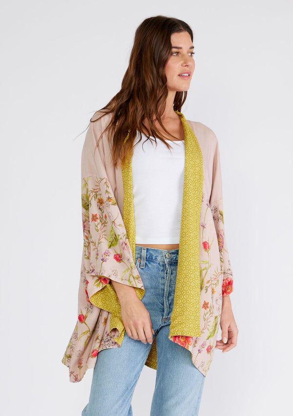 [Color: Rose/Green] Bohemian kimono in a pink floral print. Reversible cover up for the beach.