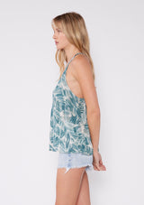 [Color: Green] Beautiful tropical palm plant printed tank top with a racerback detail, v-neckline and relaxed fit.
